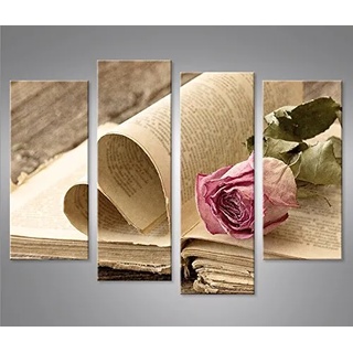 islandburner Bild Bilder auf Leinwand Buch mit Rose 4er XXL Poster Leinwandbild Wandbild Dekoartikel Wohnzimmer Marke
