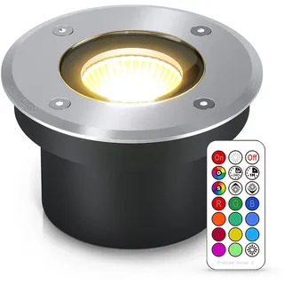 lambado® Flacher LED Bodenstrahler für Aussen mit RGB Farbwechsel dimmbar inkl. Fernbedienung - Runde Bodenleuchte/Bodeneinbaustrahler IP67 aus Edelstahl - Befahrbar & Wasserdicht