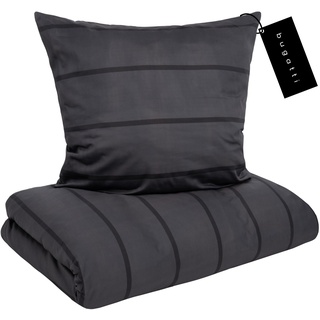 bugatti Bettwäsche 135x200 cm - Satinbettwäsche anthrazit/schwarz, 100% Baumwolle, 2 teilig mit Reißverschluss