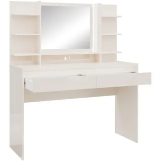 Forte Layton Schminktisch 120, minimalistische Schminkkonsole mit Spiegel, 2 Schubladen, Dekoregal, Schlafzimmmer, Holzwerkstoff, Kaschmir Beige Hochglanz, 120,1 cm breit x 141 cm hoch x 42 cm tief