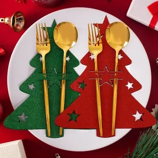 Weihnachtliche Besteckhalter Mich – 8 Stück Aus Filz – Weihnachtsbaum – Rot Und Grün – Tischdekoration