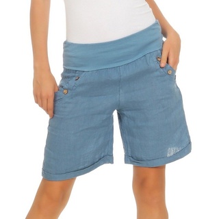 Mississhop Leinenhose Damen Shorts Leinenshorts Bermuda 100 % Leinen kurze Hose 280 mit elastischem Bund, in Unifarbe blau M (entspr. 34-36)