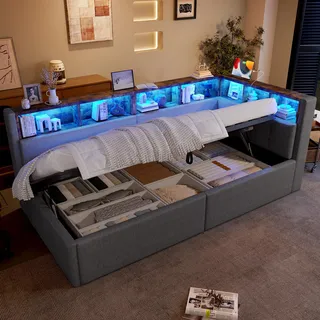 BTM Tagesbett mit Hydraulische Stauraum, LED, USB + Typ-C Schlafsofa Daybett (ohne Matratze), Leinen Stauraumbett 90x200, Grau
