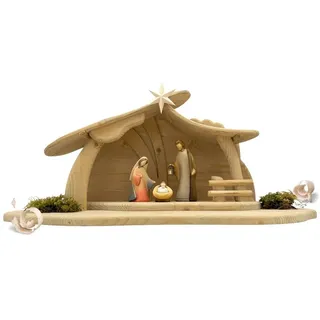 Akantus Krippe Weihnachtskrippe aus Holz: Hl. Familie (bemalt) mit Krippenstall, holzgeschnitzt, handbemalt, Ahornholz, Made in Südtirol 13 cm
