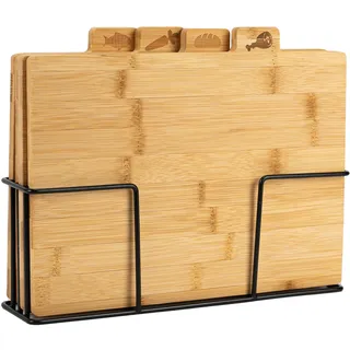 KARL HAUSMANN Schneidebrett Holz Set 4-teilig mit Ständer, 28 x 20 cm | 4 Bambus Schneidebretter mit Symbolen für Fleisch, Fisch, Gemüse und Brot, schwarzer Metallständer, 28 x 20 cm