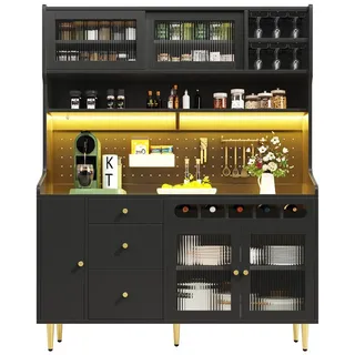 BlingBin Küchenbuffet Hochschränke für Wohnzimmer, Küchenschrank, Esszimmerschrank (Wohnzimmer-Schrank, Buffetschrank, 145×39×171cm, 1-St., 5 Türen & 4 Schubladen) mit verstellbaren Einlegeböden, Schublade mit Weinregal schwarz