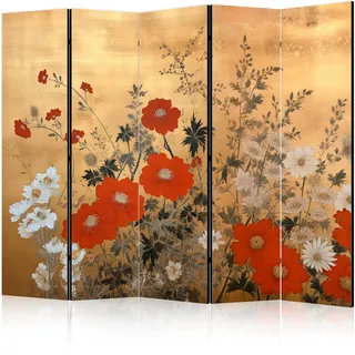 murando - Paravent Raumteiler Innen Vintage 225x172 cm 5-teilig Beidseitig Raumtrenner Trennwand Holz Room Divider Mobiler Sichtschutz Wand Raum Retro Rot Blumen weiß Gänseblümchen b-H-10005-z-b