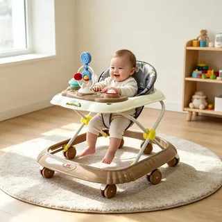3 in 1 Lauflernhilfe für Babys,Babywalker Spiel- und Lauflernwagen Gehfrei Babywippe mit Musik,Klappbar Laufhilfe für ab 6 Monaten Braun - Braun