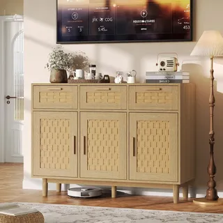 UnboxG Massivholz Sideboard Eiche 107,9x40x80 cm – Kommode mit 3 Schubladen & 3 Türen, Schrank Schlafzimmer Wohnzimmer Möbel, stabil und modern - Braun