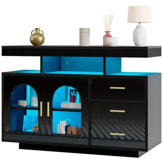 MODFU Sideboard Buffetschrank, Kaffeebarschrank, Hochglanz-Küchenschrank (Kommode, 1 St., mit 3 Schubladen, 2 Türen), mit Hochglanzfront,16-Farben-Lichtern schwarz
