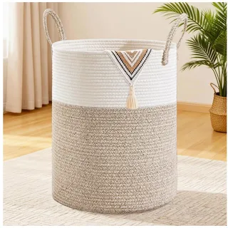LuxusKollektion Wäschekorb Wäschekorb Wäschesammler geflochten rund XXL Braun Weiß 100L bunt