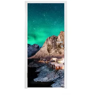 MuchoWow Türtapete Nordlichter - Berge - Norwegen, Matt, bedruckt, (1 St), Türfolie Selbstklebend, Türtapete, Türdeko Poster, 95x235 cm 95 m x 235 m