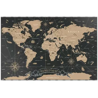 ALLboards Metallische Magnettafel WELTKARTE SCHWARZ 60x40cm Memoboard für jede Art von Magneten Magnetpinnwand + 4 Marker, 10 Magnete und Schwamm