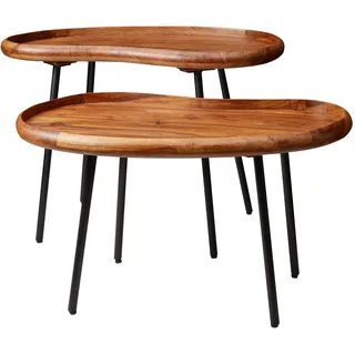 FineBuy Satztisch 2er Set 71x40x51 cm Sheesham Massivholz, Nierentisch | Wohnzimmertische im Retro Design mit Metallbeinen, kleine Nierentische aus Echtholz, handgefertigt