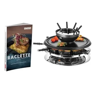 Unold 487269 Raclette Multi 4 in 1 inkl. Raclette Rezeptbuch mit 50 Rezepten | Raclette-Grill für 8 Personen, wendbarer Antihaft-Grillplatte, Edelstahl/Schwarz, 1300W [Energieklasse A+]