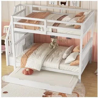 Flieks Etagenbett, Kinderbett Hochbett 140x200cm mit Stautreppe und Ausziehbett 90x190cm weiß 147 cm x 240 cm x 160.5 cm