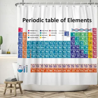 ASDCXZ Periodensystem Duschvorhang 90x180 cm, Bad Waschbar Duschvorhänge, Modern Einfachheit Bunt Periodensystem Weiß Polyester Textil Wasserdicht Badevorhang für Badewanne mit 6 Haken