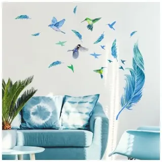 Wandtattoos Mit Blauen Federn, Kolibri-wandaufkleber Für Wohnzimmer, Schlafzimmer Und Esszimmer