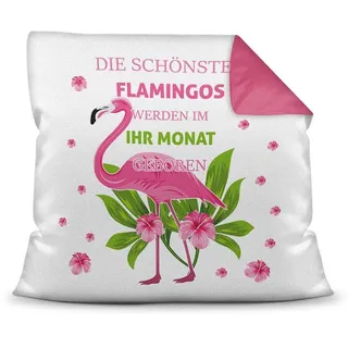 Print Royal Personalisiertes Geburtstags-Kissen mit Monatsangabe - Schönster Flamingo - Geschenkidee/Deko-Kissen / 40x40 / Tiermotive/TOP-Qualität - Rückseite Himbeer inkl. Füllung