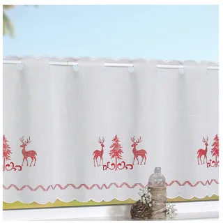 heimtexland Scheibengardine Kreuzstich Stickerei HIRSCHE rot HxB 45x115 cm auf Batist in Natur Country CHIC Landhaus Panneau Gardine Weihnachten Bistrogardine Typ506
