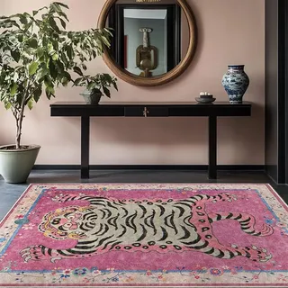 Tibetischer Tiger-Teppich für den Eingangsbereich, Boho, grüner Tiger, waschbar, Leopardenmuster, für Schlafzimmer, Küche, rutschfest, niedriger Flor, Tierbodenmatte, Rosa, 140 x 200 cm