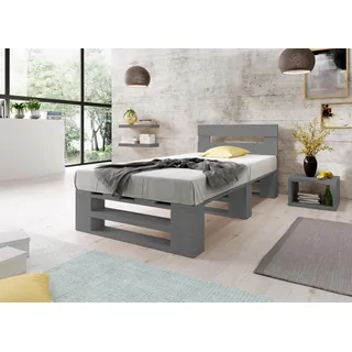 Lermowood Palettenbett M2 aus Holz 100 x 200 cm Grau mit Kopfteil Holzbett 30cm Stabiles Seniorenbett Kinderbett Jugendbett Gästebett erhöhtes Einzelbett Bettgestell Futonbett Komforthöhe Naturholz