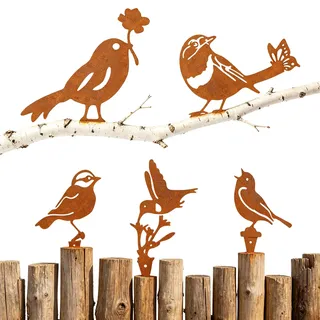 5er Metall Vogel Gartendeko Rost für Draußen Gartenstecker mit Schmetterlinge,Wetterfest Rostdeko Gartendeko Baumstecker Vögel Deko Roststecker Bird für Garten Bäume Pfähle Zaundeko Blumentöpfe
