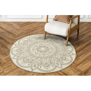 AKCILA Brussels Rund, Doppelseitig, Beige, Creme, Schnur, Rosette, modernes Muster Outdoor Teppich 120 cm, Balkon Carpet,Tepich für Terrasse, Teppiche aussenbereich wetterfest