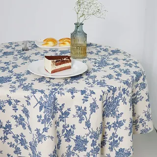 Wracra Tischdecke Abwaschbar Rund 120 cm, Tischdecke Blau Baumwolle Leinen | Blaues Blumen Pastorale Print, Vintage Tischdecke Outdoor, Maschinenwaschbar, Garten, Esszimmer, Feiertage, Party, Wohnkultur