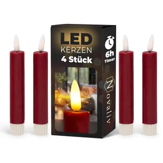 Novaliv Stabkerzen LED mit Timer ROT 4 Stück Indoor 6 Stunden - ECHTWACHS 15cm Höhe für Kerzen 2,2cm Durchmesser 2 AAA Batterien notwendig LED Stabkerzen flackernde Flamme bewegliche Flamme Licht