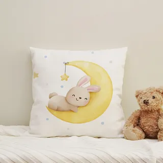 Dekokissen QUEENCE "Schlafender Hase", gelb (gelb, stern sterne bedruckt gemustert), B:40cm H:1cm L:40cm, Polyester, Dekokissen_Sitzkissen_Kissenhüllen, Kissenhülle mit HD Premium Druck, geruchsneutral, 40x40cm