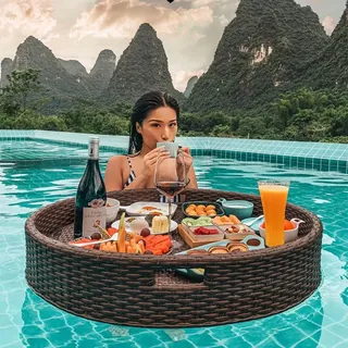Luxuriöses schwimmendes Serviertablett aus Rattan, schwimmendes Tablett mit Griff, Poolschwimmer, Esstablett aus Korbgeflecht für Poolservice, Getränke, Brunch, Essen auf dem Tisch,Brown-60*60*20cm