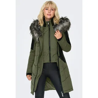 Only Steppmantel "ONLNEWLINETTE FUR HOOD COAT OTW", Damen, Gr. S, grün (kalamata detail:grau fur), Steppware, Obermaterial: 100% Polyester, regular fit, Mäntel Steppmantel