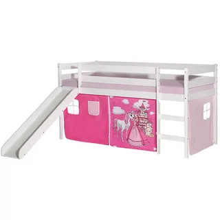 Hochbett mit Rutsche weiß mit Vorhang PRINZESSIN in rosa/pink