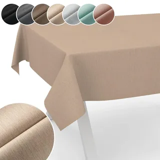 Tischdecke Mila Stoff abwaschbar Tischtuch Tafeldecke Jacquard Teflon beschichtet pflegeleicht Lotuseffekt schmutz- & wasserabweisend Uni Leinenoptik 200x140cm Schnittkante Beige