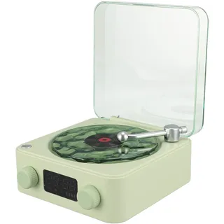3-in-1-BT-Lautsprecher, Multifunktionaler Kleiner Kabelloser Stereo-Lautsprecher mit Nachtlicht und Zeitanzeige, Plattenspieler-Stil, Radio, Sound-White-Noise-Maschine (Green)