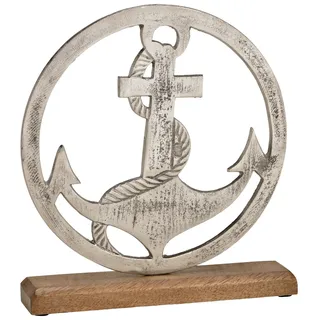 Anker im Kreis aus Aluguss mit Sockel aus Mangoholz - 23x5x26cm - maritime Deko