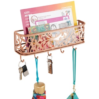 mDesign praktische Briefablage mit Korb für Flur und Küche – kompaktes Schlüsselboard mit 1 Fach für Post und 5 Haken – wandmontiertes Schlüsselbrett aus Metall – kupferfarben