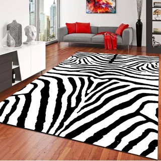 Tier Teppich, 180 x 230 cm, Modernes Schwarz-Weißes Zebra-Design, Waschbare Teppiche, Dekorative Wildtier-Teppiche und -Matten, Weicher, Rutschfester, Fusselfreier Teppich für Wohnzimmer, Schlafzimmer
