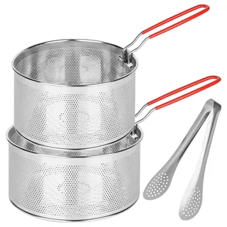 2 Stück Nudelsieb Edelstahl, Küchensieb mit Abnehmbaren Griff, Metall Nudelsieb Korb Fritteuse Korb, Sieb Edelstahl Küchensieb zum Waschen Abtropfen Frittieren Kochen Dämpfen (Bring ein Clip mit)