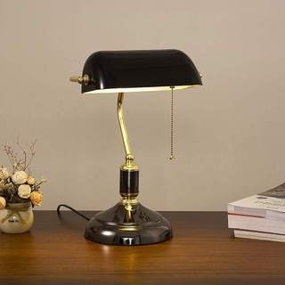 HKLY Bankerlampe, Retro Schreibtischlampe Mit Zugschalter Fassung E27 Banker Lampe Schreibtischleuchte Metall Glas Schirm Schwarz Arbeitsleuchte Nachtischlampe Tischlampe Nostalgielampe