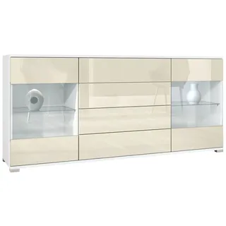 Vladon Sideboard Bari V2 (Kommode mit 2 Türen, 4 Schubladen und 2 flexible Glaseinlegeböden), Weiß matt/Creme Hochglanz (166,5 x 75,5 x 35) gelb