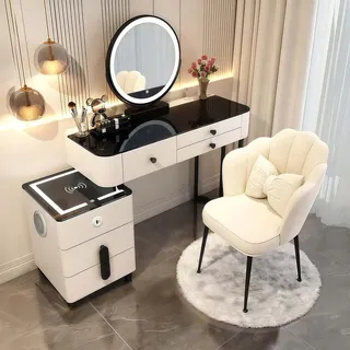 ANHFYS Schminktisch Set mit Spiegel und Glasplatte, Vormontiert | luxuriös Multifunktionaler Frisierkommode mit 5 Schubladen für Schlafzimmer, Metallgestell, Einfach zu Montieren