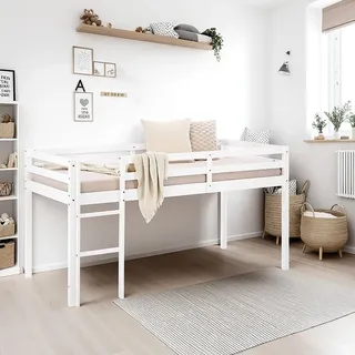 Homestyle4u Hochbett 90 x 200 cm Kiefer massiv lackiert weiß grau