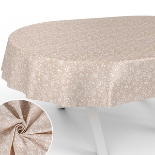 Stoff Tischdecke Tischwäsche Textil Tischtuch Baumwolle Polyester Gewebe abwaschbar pflegeleicht, in rund oval eckig Violen Beige Oval 180x140cm Schnittkante