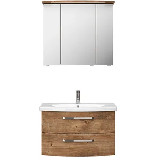 Pelipal Serie 4010 Komplett-Set mit Spiegelschrank mit LED-Kranzleuchte und Keramikwaschtisch 840 mm - Eiche Ribbeck quer (Nachbildung) - 40.100.800.269