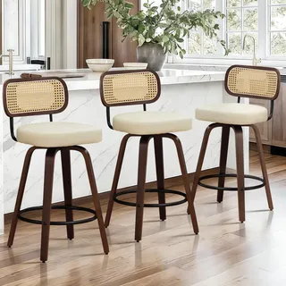 SoarFlash 3 Barhocker, 360° drehbar, Rattan-Lehne, Sitzhöhe 65 cm, Beige | PU-Sitzfläche, Nussbaum-Gestell, Metall-Fußstütze, modern, für Kücheninsel und Bar