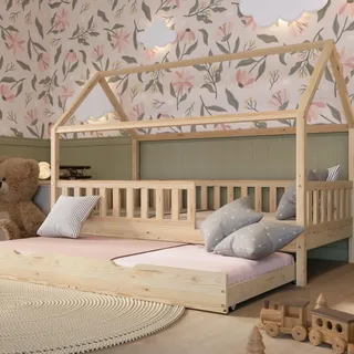 Crazy Pine Montessori Hausbett mit Ausziehbett Crazy Blanco 100x200 cm Nat. | Ausziehbares Gästebett auf Rollen – schafft im Handumdrehen einen zweiten Schlafplatz.
