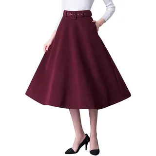 Damen Vintage Wollrock hohe Taille Midi röcke Warm Wolle Winterrock Herbst Feste Farbe Rock Passenden Gurt (S (Taille: 64 cm,Länge: 75cm), Weinrot) - S