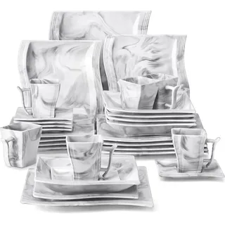 MALACASA Tafelservice, 30 tlg. Marmor Porzellan Geschirrset Kombiservice mit Kaffeetassen, Untertassen, Dessertteller, Suppenteller und Flachteller - Grau/Weiß